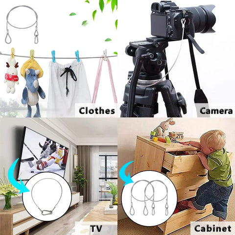 Composite image showing uses of Five Pack Stainless Steel Safety Cables For Lighting Luggage Garage Doors And Cameras 20 Inch Long