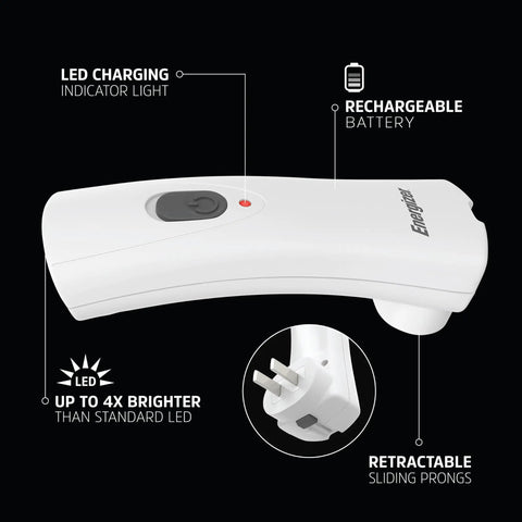 Image of Six Pack Auto On Rechargeable LED Flashlights for Power Outages showing LED charging light and retractable sliding prongs.