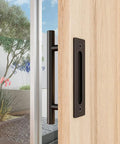 Sliding Barn Door Handle Hardware Two Sided Design In Black Carbon Steel With Brushed Stainless Steel 304 Build installed on wooden door