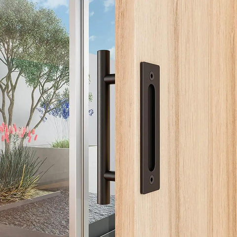 Sliding Barn Door Handle Hardware Two Sided Design In Black Carbon Steel With Brushed Stainless Steel 304 Build installed on wooden door