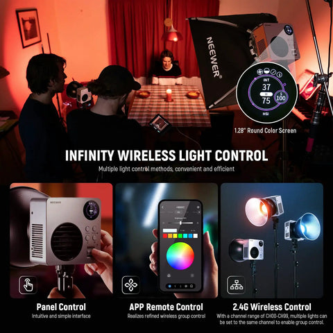 Infinity wireless control for RGBWW LED Video Light With 72Wh Battery And 100W PD Fast Charging setup in studio