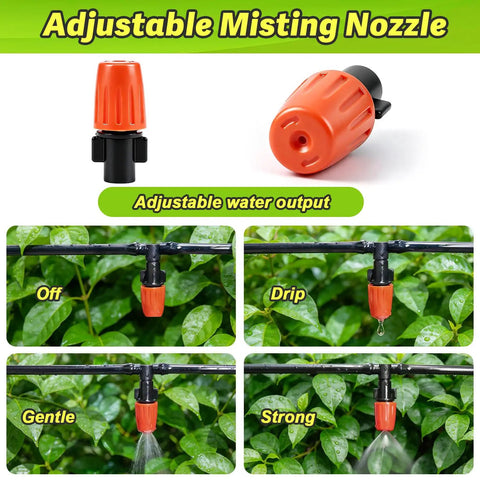 230 Piece All In One Quarter Inch Barbed Drip Irrigation Fittings Kit With Misting Nozzles showing adjustable settings