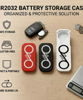 Ultra Slim Battery Case For CR2032 Coin Cells The Ultimate Spare Battery Vault For Electronic Shifting On Road And MTB in red, black, white colors open and closed showing secure sliding lid with CR2032 coins on table.