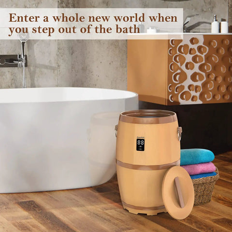 Large Towel Warmer Bucket with LED Display beside a bathtub, showing sturdy handles and lid by stacked colorful towels.