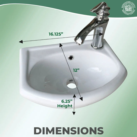 Offset Wall Mount Bathroom Sink Faucet In White With Overflow 16 1/8 Inch Reach Easy Install Sleek Modern Look Durable Metal Body Low Maintenance Great Pick For Small Bathrooms, shown with dimensions