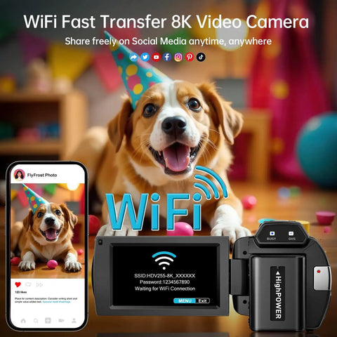 8K Ultra HD Video Camera Camcorder with WiFi, smartphone and dog with party hat, ideal for YouTube vloggers and social media.