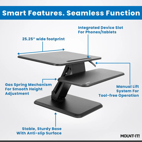 Compact 25 Inch Standing Desk Converter Sit Stand Desk Riser With Gas Spring Lift For Laptop Monitor And Keyboard Adjustable Height Desktop Riser For Small Home Office Dorm In A Tiny Space showcasing features like anti-slip surface and device slot