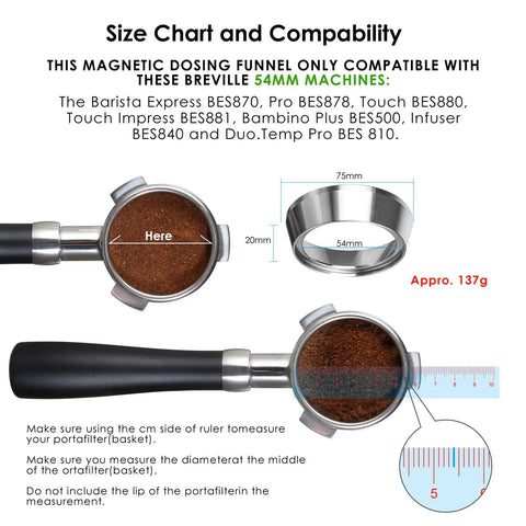 Diagram showing compatibility and size of 54mm Espresso Dosing Funnel Stainless Steel Dosing Ring For Breville 54mm Portafilter