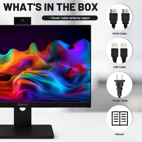 Frameless 23.8 Inch Business Webcam Monitor With 1080p IPS Display 120Hz Refresh Rate Built In 3MP Webcam with included cables and manual