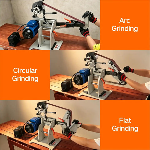Built Like A Tank 2x72 Inch Belt Grinder Sander With Smooth 1500W Motor demonstrating arc, circular, and flat grinding techniques.