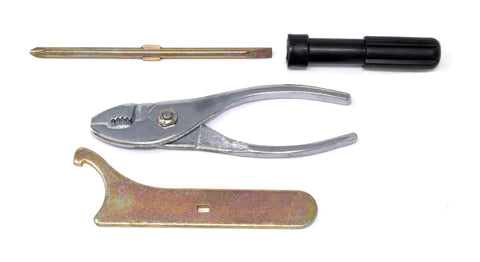 Nine Piece Metric Motorcycle ATV UTV Tool Kit with pliers, spoke wrench, and screwdriver.