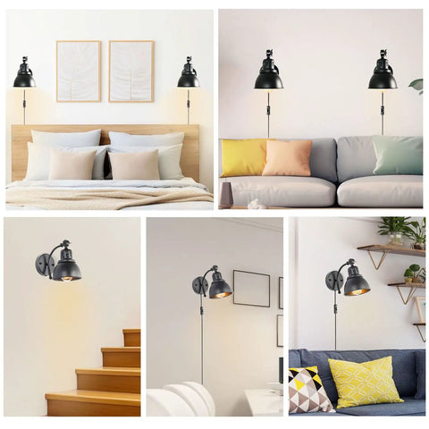 Set Of 2 Black Plug In Wall Sconces Industrial Style With On Off Cord Switch Metal Wall Mount Beside Lamps installed in bedroom
