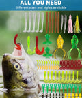 Ultimate 380 Pcs Fishing Lures Kit For Bass, Trout, And Salmon on display with hooked fish in water