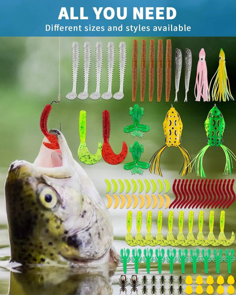 Ultimate 380 Pcs Fishing Lures Kit For Bass, Trout, And Salmon on display with hooked fish in water