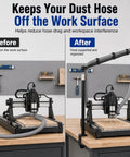 Clamp On Dust Collection Boom Arm With 360 Degree Swivel For Woodworking Tool Free Edge Mount before and after installation