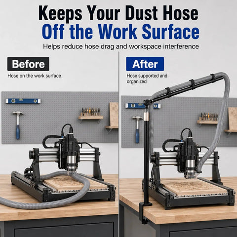 Clamp On Dust Collection Boom Arm With 360 Degree Swivel For Woodworking Tool Free Edge Mount before and after installation