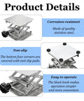 Heavy Duty 4 Inch By 4 Inch Stainless Steel Lab Jack Lift Stand Table Scissor Platform with black knob and anti-slip pads.