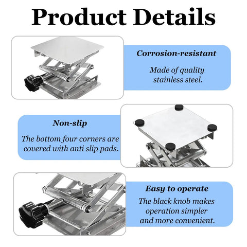 Heavy Duty 4 Inch By 4 Inch Stainless Steel Lab Jack Lift Stand Table Scissor Platform with black knob and anti-slip pads.