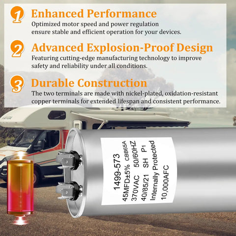 RV Roof Air Conditioner Run Capacitor Replacement 45 MFD Plus Or Minus 5 Percent 370V 50 60Hz Dual Round 1499-5731 OEM Compatible