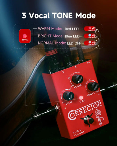 FV01 Vocal Effects Processor With Pitch Correction And Delay Reverb, showing control knobs and 3 tone mode indicators