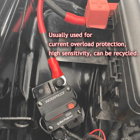 100 Amp Manual Reset Circuit Breaker Pack For Cars, Marine, Trolling Motors, Boats, And ATVs, Protects Audio System And Power Supply, 12V To 48V DC, 3 Pack installed in a vehicle.