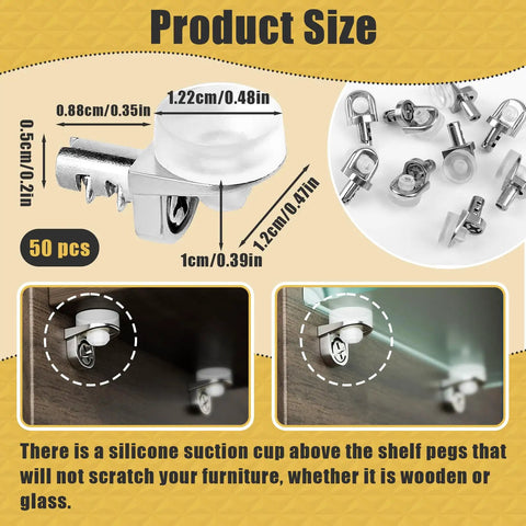 Beefy 5mm Shelf Pins Set of 50 With Silicone Suction Cups, Rust Resistant Cabinet Shelf Pegs showing size and installation.