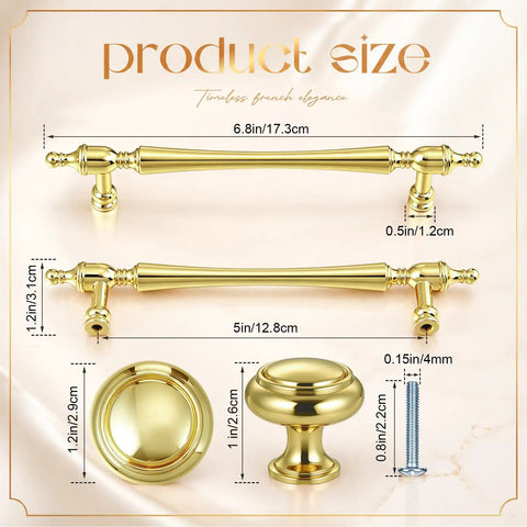 Slick Gold Antique Cabinet Pulls And Knobs 20 Piece Set featuring 6.8in and 5in drawer handles with round knobs.