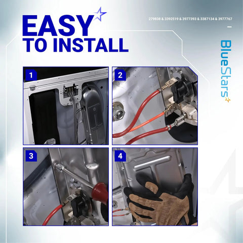 Installation guide for Upgraded 279838 Dryer Heating Element Replacement For Whirlpool Maytag Amana And More, showing steps.