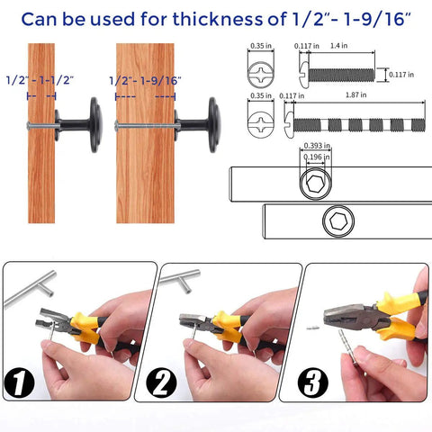 Installation guide for 30 Pack Matte Black Zinc Euro Style Cabinet Knobs Set One And One Quarter Inch Drawer Pulls; tool usage shown.