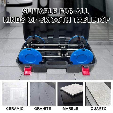 Heavy Duty Vacuum Countertop Leveling System With 3 Second Quick Suction Tech, shown with components in a carrying case.