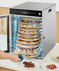 Heavy Duty Rotary Food Dehydrator And Biltong Maker With Led Digital Console, 24 Hour Timer, Twenty Stainless Steel Trays showcasing dried fruits and jerky.
