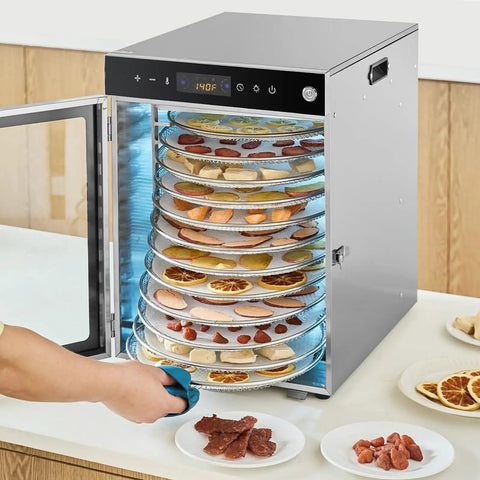 Heavy Duty Rotary Food Dehydrator And Biltong Maker With Led Digital Console, 24 Hour Timer, Twenty Stainless Steel Trays showcasing dried fruits and jerky.