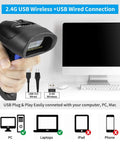 Handheld portable wireless 1D 2D barcode scanner with stand, USB receiver, shown near a computer setup for warehouse and POS use.