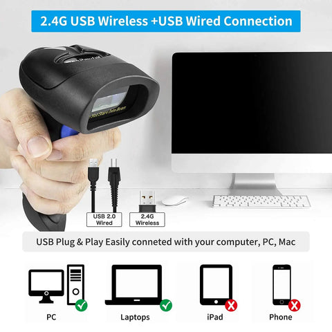Handheld portable wireless 1D 2D barcode scanner with stand, USB receiver, shown near a computer setup for warehouse and POS use.