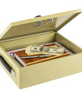Open Heavy Duty Fire Resistant Lockbox With Dual Lock System Key And 3 Digit Combination, showing cash and documents inside.