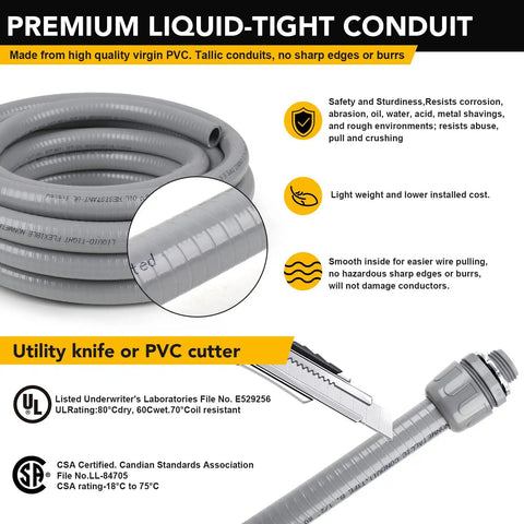 3/4 Inch Liquid Tight Conduit Kit With 50 Feet Of Flexible Non Metallic PVC Conduit And 5 Straight And 3 90 Degree Connectors