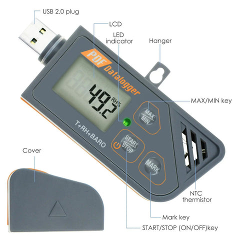 USB Temperature And Humidity Data Logger With Barometric Pressure Tracking, LCD display, USB plug, and indicator showing 49.2% RH.
