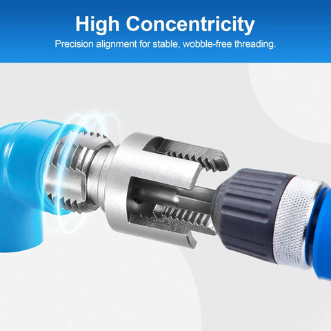 Close-up of 3 Pcs PVC Pipe Threader Kit tool showing precision alignment for clean tight fits on half, three quarter, and one inch pipes for plumbing.