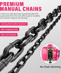 Lever Chain Hoist One And A Half Ton Capacity With Ten Foot Lift And Dual Heavy Duty Hooks Manganese Steel G80 Chain Double Pawl Brake Come Along For Warehouse Automotive Garages Pink Finish showing G80 steel chain and pink components