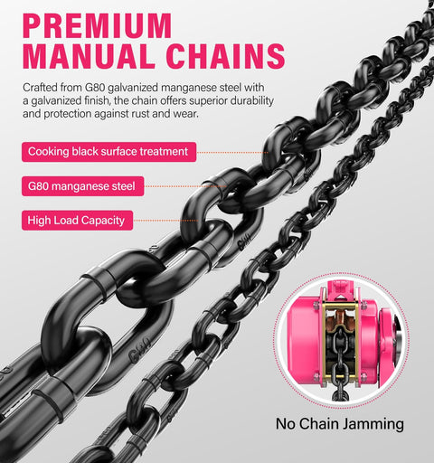 Lever Chain Hoist One And A Half Ton Capacity With Ten Foot Lift And Dual Heavy Duty Hooks Manganese Steel G80 Chain Double Pawl Brake Come Along For Warehouse Automotive Garages Pink Finish showing G80 steel chain and pink components