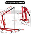 Rock Solid Engine Hoist And Folding Hydraulic Crane Featuring Six Low Friction Casters Built In Leveler Tilt Control And Heavy Duty Steel Shop Workhorse Handling 2 Ton 4400 Lbs Loads with dimensions and features.