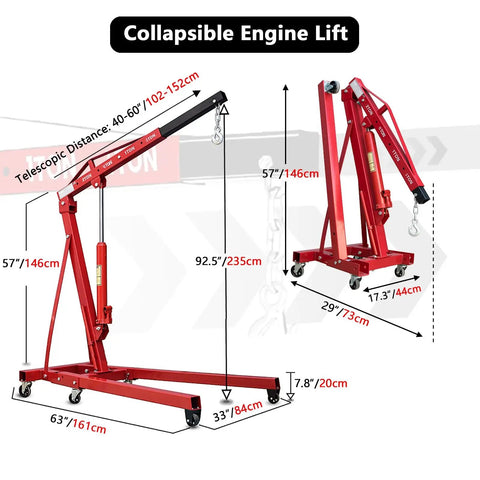 Rock Solid Engine Hoist And Folding Hydraulic Crane Featuring Six Low Friction Casters Built In Leveler Tilt Control And Heavy Duty Steel Shop Workhorse Handling 2 Ton 4400 Lbs Loads with dimensions and features.