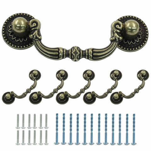 6Pcs Vintage Drop Bail Drawer Pulls With Embossed Pattern Center To Center 2.56 Inches; set with mounting screws; antique wardrobe handles; front view.