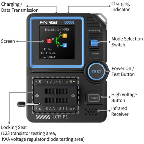 All In One LCR P1 Transistor Tester And SMD Component Analyzer with labeled features including screen, buttons, and slots