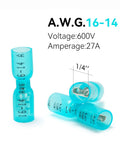 Blue Heat Shrink Female Spade Connectors Kit 100Pcs 16 To 14 AWG Waterproof Insulated Quick Disconnects with voltage and size details.