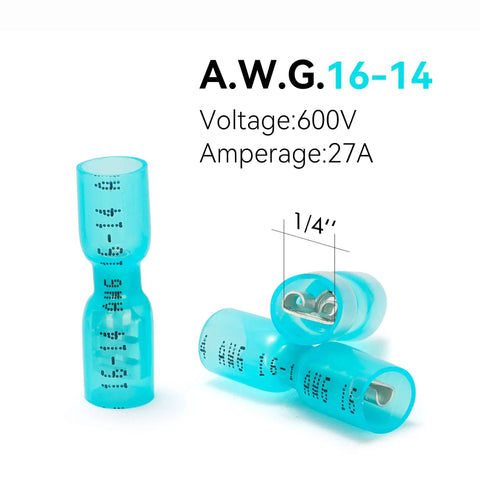 Blue Heat Shrink Female Spade Connectors Kit 100Pcs 16 To 14 AWG Waterproof Insulated Quick Disconnects with voltage and size details.