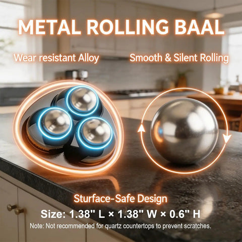 Self-Adhesive Ball Casters With 360 Degree Swivel, Mini Universal Caster Wheels For Countertops, Equipment And Small Furniture, Peel And Stick Install, No Drill, Black, 4 Pack, featuring a close-up view of metal rolling balls on a kitchen countertop.