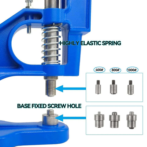 Close-up of blue Hand Press Grommet Machine Workhorse With 3000 Grommets And 3 Dies, highlighting elastic spring and screw hole