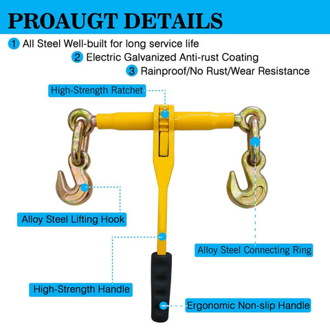 Two Pack Ratchet Chain Binders For Five Sixteenths To Three Eighths Inch Chains Heavy Duty Tie Downs With Anti Skid Handle 5400 Lb Working Load And 19000 Lb Break Strength Great For Truck Hauling Towing And Transport showing ergonomic non-slip handle and alloy steel hooks.