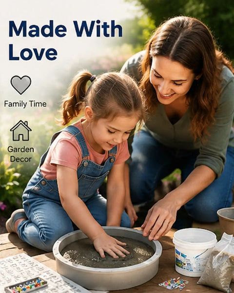 Mother and child using DIY Handprint Stepping Stone Kit For Garden Easy No Mess Large 14 Inch Cement Footprint Stone Concrete Mold